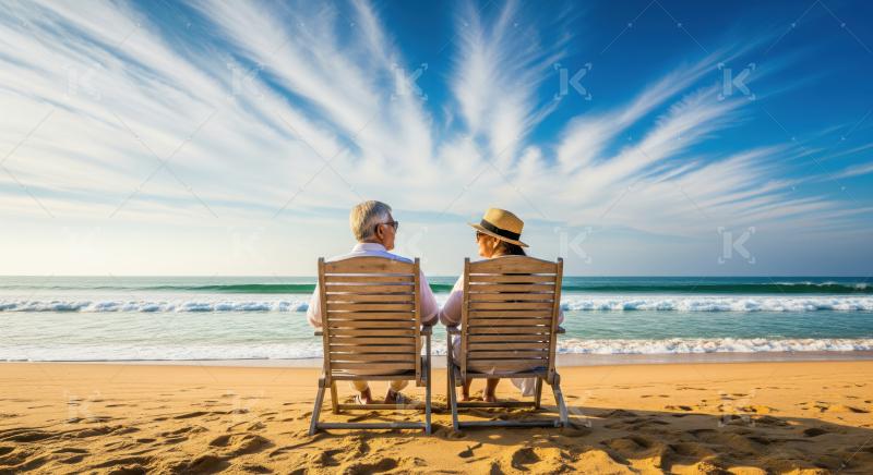 Elderly couple enjoys serene beach vacation, watching beautiful waves.