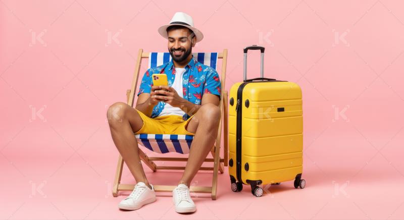 Smiling man relaxing, using smartphone, awaiting his exciting summer trip.