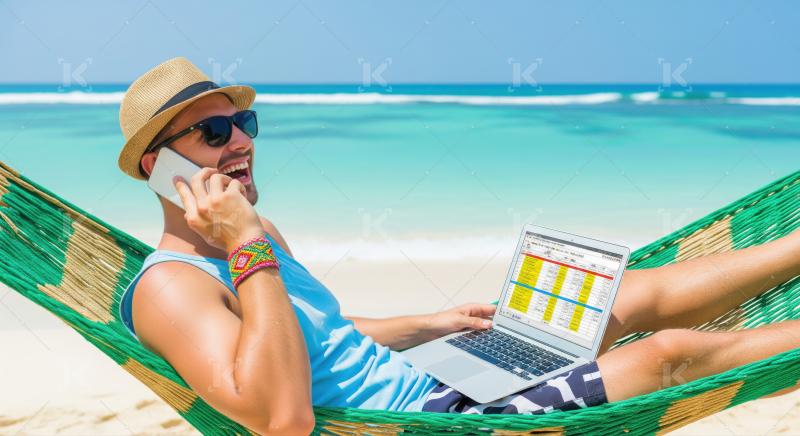 Happy man working on laptop and phone from beach hammock.