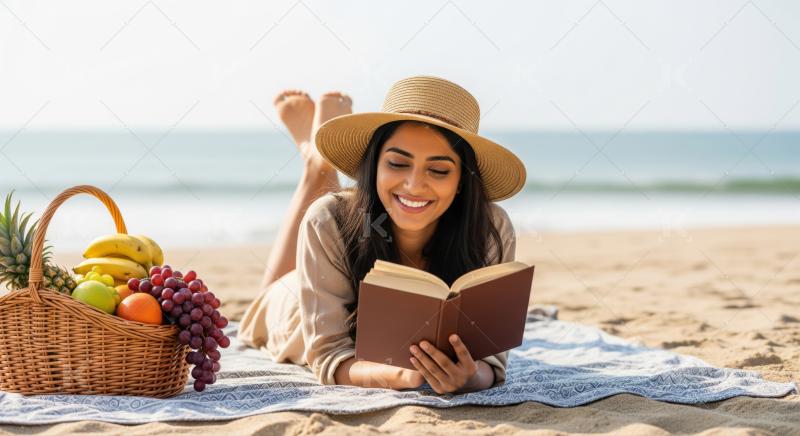 Young woman relaxes, reading a book on a beautiful beach.