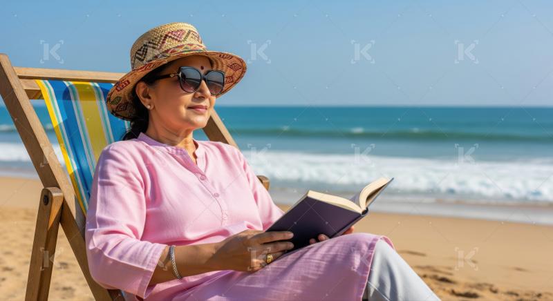 Relaxed woman reads book on a beautiful sunny beach.