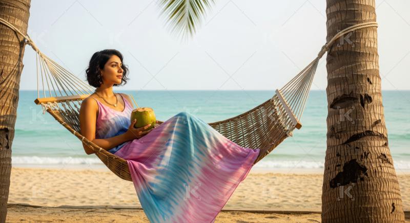 Woman enjoys serene tropical beach vacation, drinking fresh coconut.