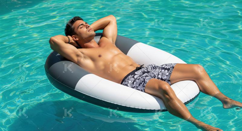 Relaxed man enjoys sunny summer day floating in swimming pool.