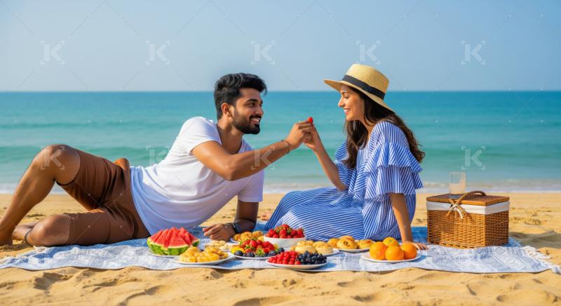 Happy young couple enjoying a romantic picnic on a sunny beach.