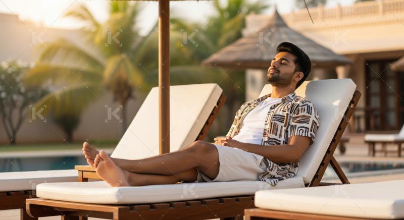 He peacefully enjoys a tranquil, sunny day at a luxury resort.