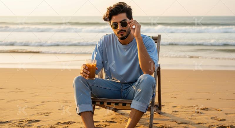 Stylish young man relaxes on beach chair with refreshing drink.