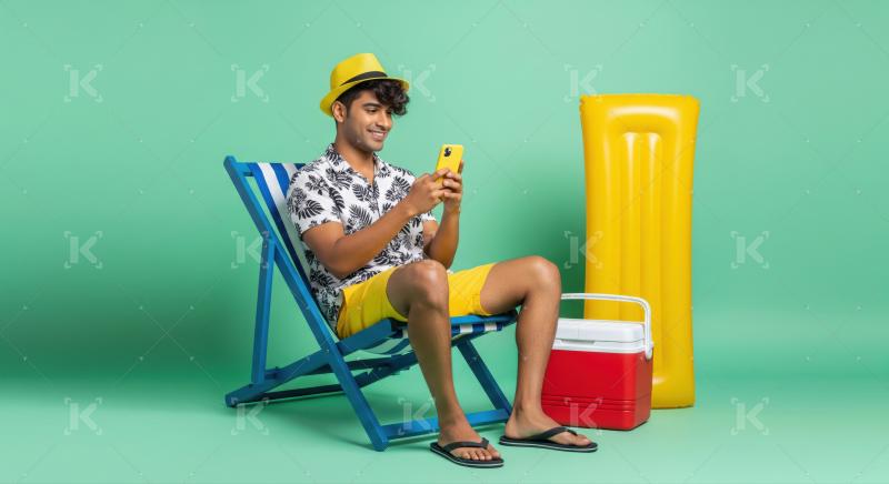 A happy man enjoying summer vacation, sitting on a beach chair.