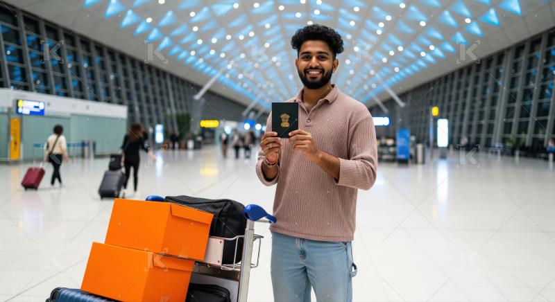 Joyful man at airport with passport, ready for travel.