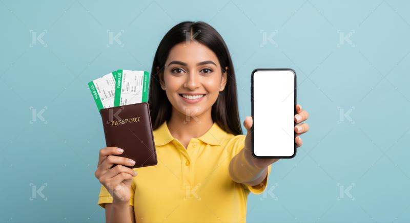 Happy woman ready for travel, holding passport and smartphone.
