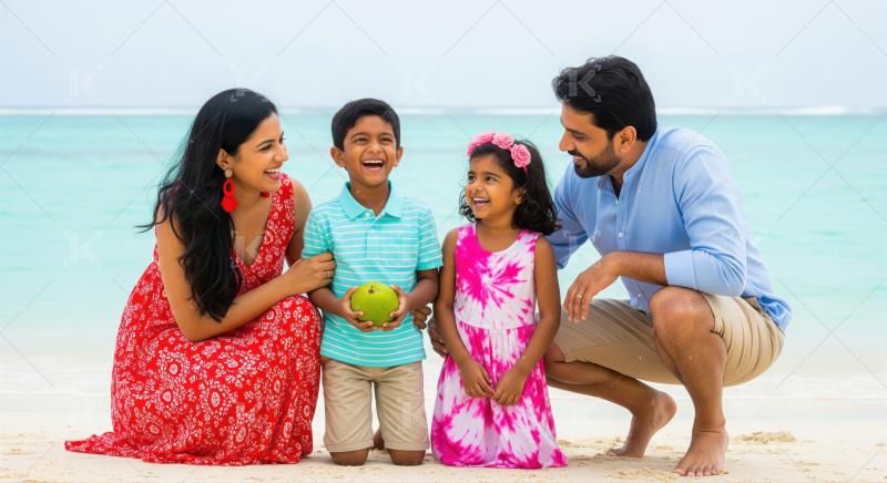 Cheerful South Asian family enjoying beach vacation with smiles and laughter.