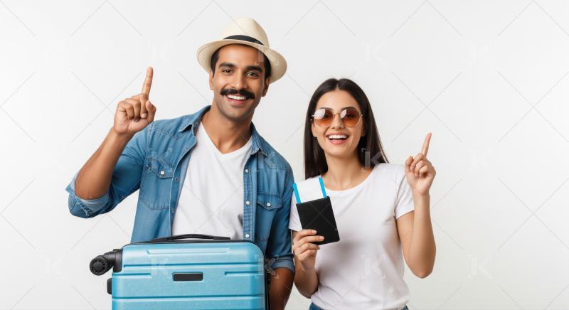 Excited young couple pointing up, ready for adventure.