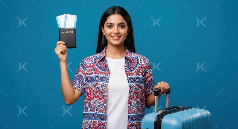 Smiling young woman excited for travel with passport and suitcase.