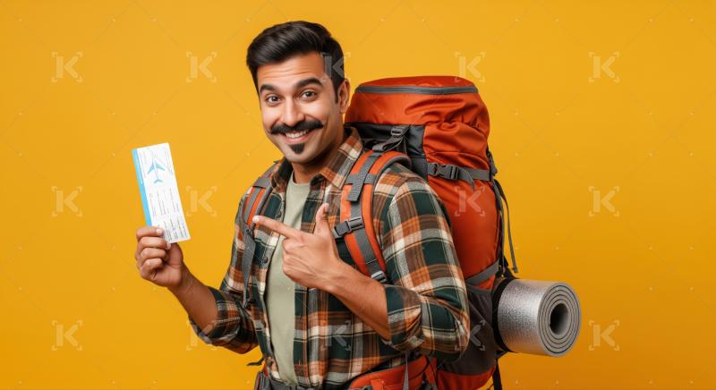 Joyful man with backpack holding plane ticket, pointing excitedly.