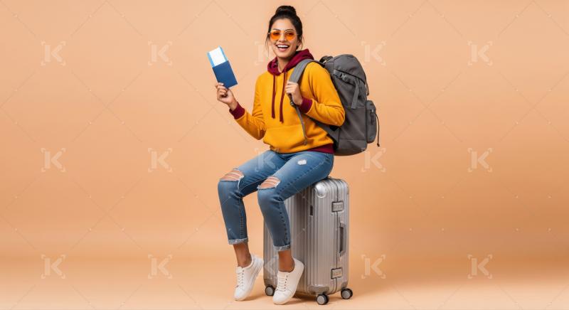Joyful young woman sits on luggage, ready for journey.
