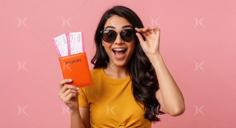 Happy woman eagerly anticipates her exciting travel adventure trip.