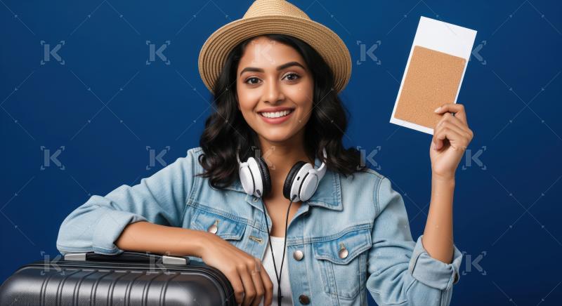 Joyful woman prepares for an exciting journey with passport and luggage.