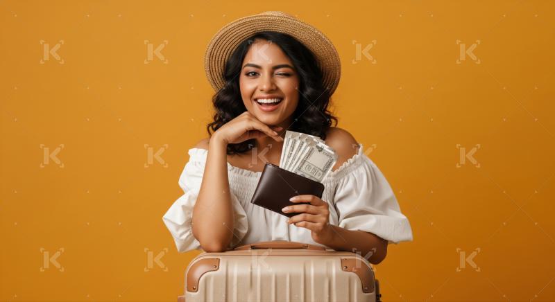 Cheerful girl shows cash, excited for her dream vacation.