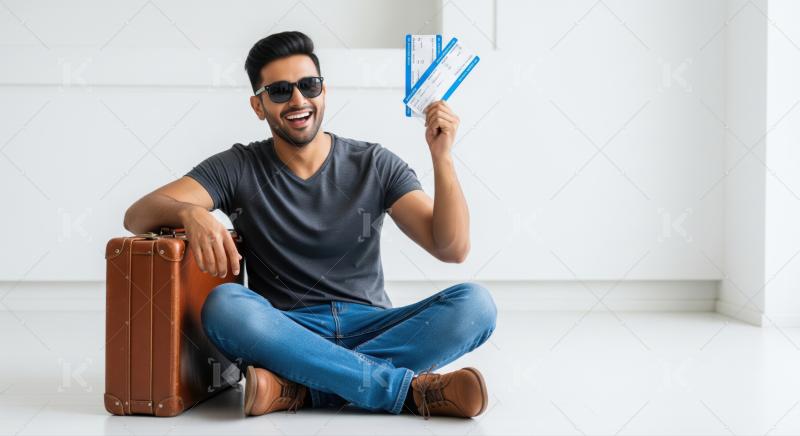 Excited young traveler with suitcase and airline passes.