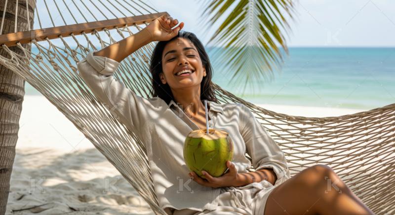 Beautiful woman enjoys tropical vacation, sipping fresh coconut drink.