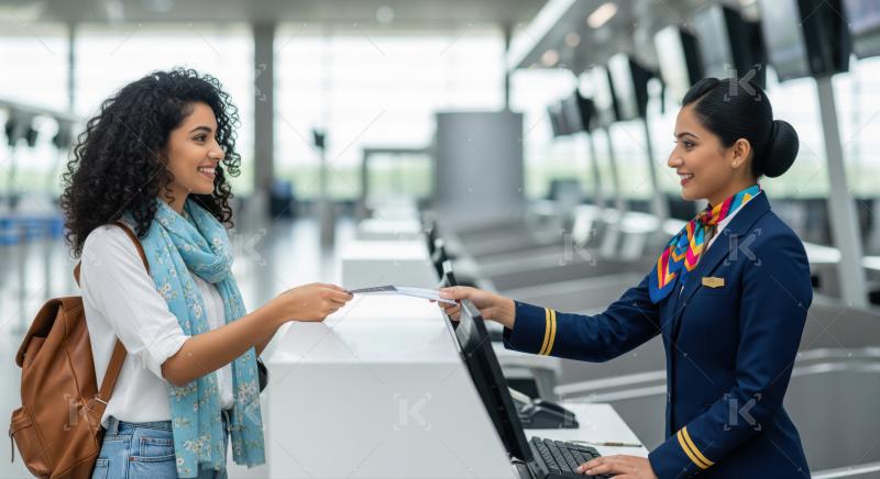Happy passenger completes airport check-in with helpful airline agent.