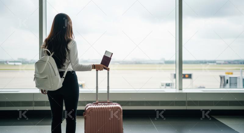 Solo female traveler, passport in hand, awaits flight departure.