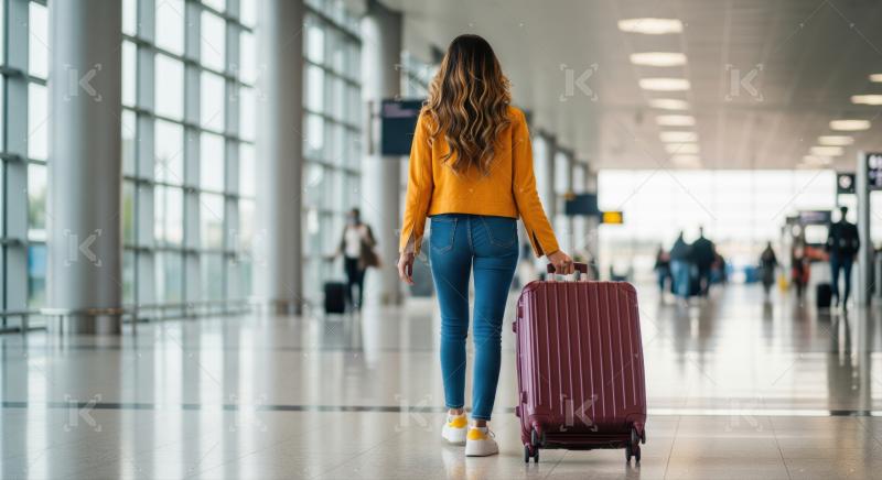 Young woman walks through bright, modern airport with suitcase.