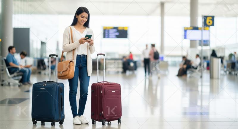 Young woman happily verifies travel details with phone and passport.