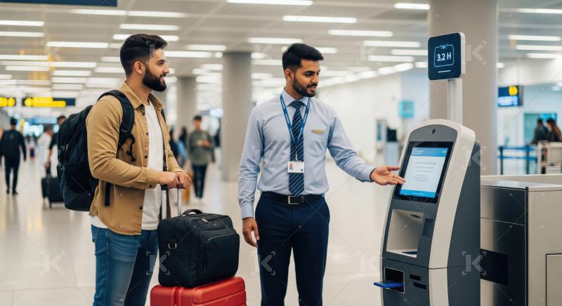 Airport employee assists passenger with baggage check-in at kiosk.