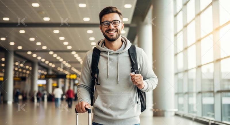 Cheerful traveler ready for adventure at modern airport terminal.
