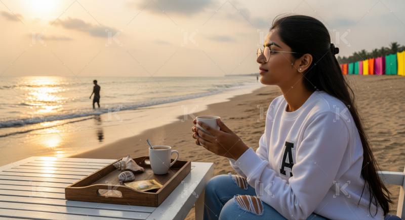 She sips coffee, enjoying the tranquil golden hour beach scene.