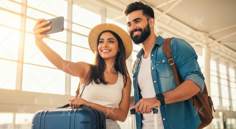 Joyful couple capturing travel memories at the sunny modern airport.