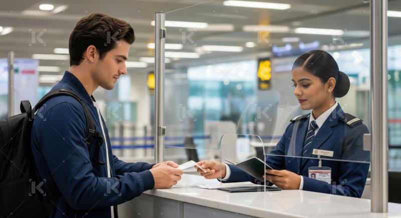 Professional airport staff assists traveler with passport and boarding pass.