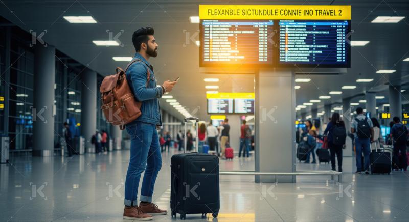 Young traveler checking flight schedule on departure board at airport.