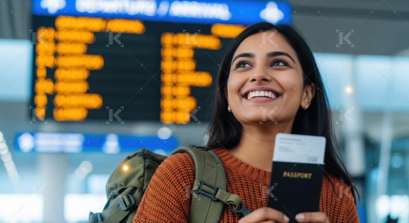Happy traveler excited for her international trip at airport.