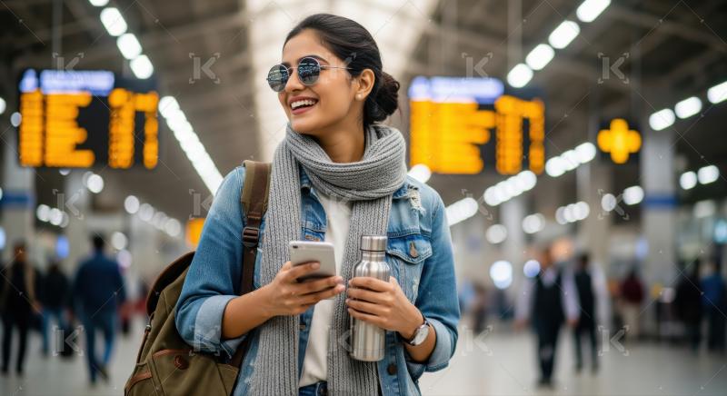 Joyful traveler checking phone, staying hydrated in a busy terminal.