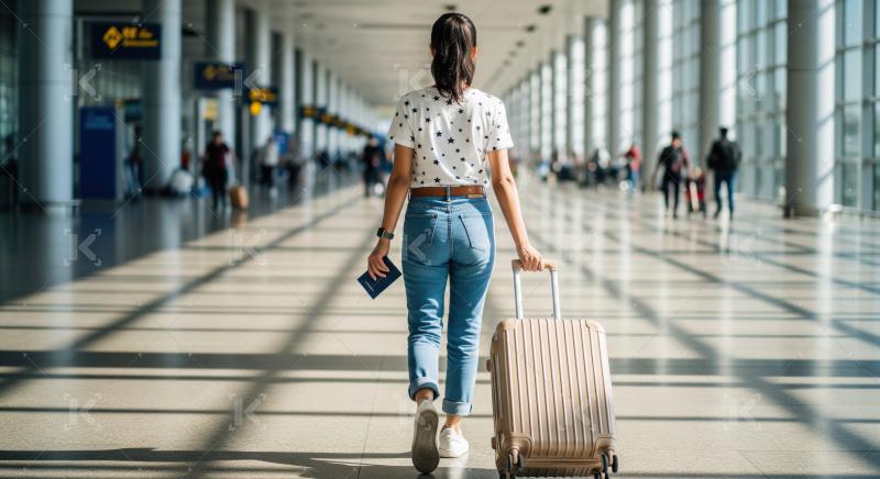 Traveler pulls suitcase, holding passport, through modern airport terminal.