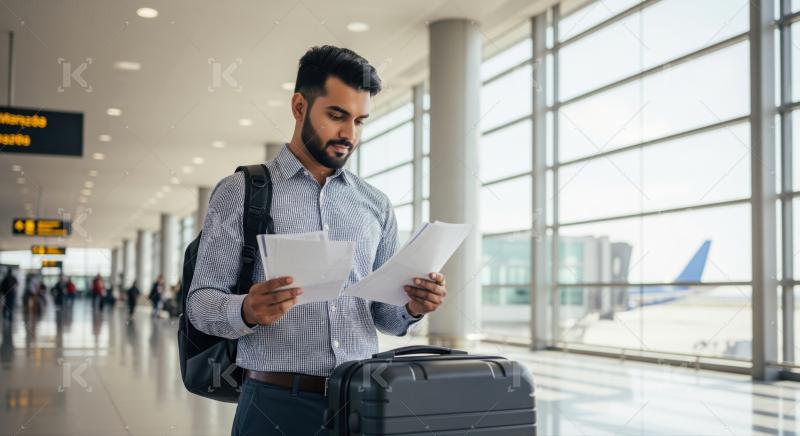 Confident business traveler reviewing his important papers in a bright airport lounge.