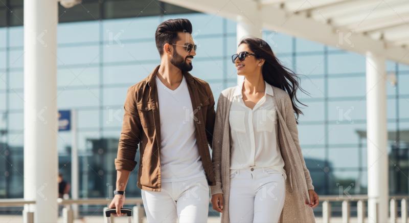 Stylish couple smiling, walking confidently through a bright, modern airport.