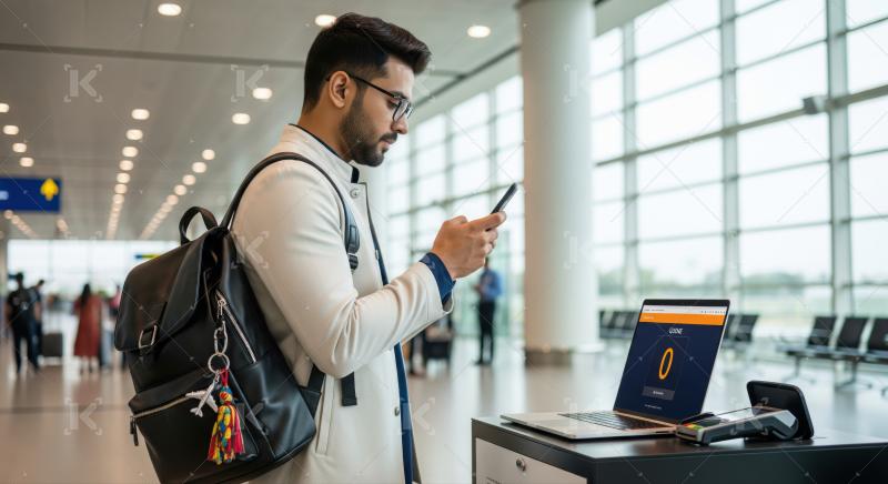 Modern traveler interacts with digital services at an airport terminal.