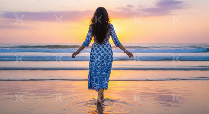 Serene woman walks into the golden ocean at sunset.