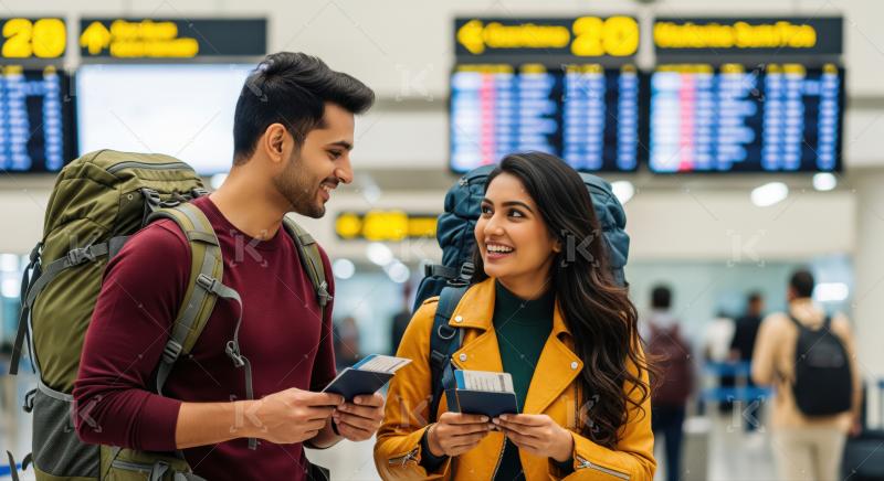Happy travelers holding passports at airport, ready for adventure together.