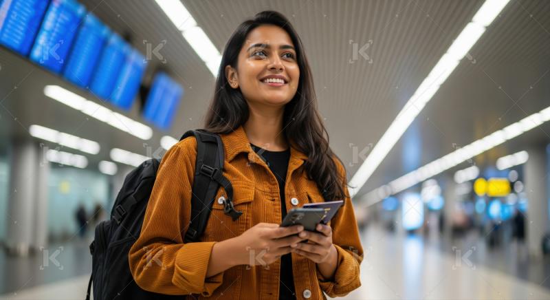 Happy young woman ready for her journey at airport.