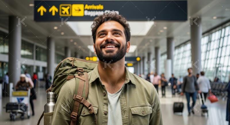 Smiling man ready for adventure, standing in a busy airport.