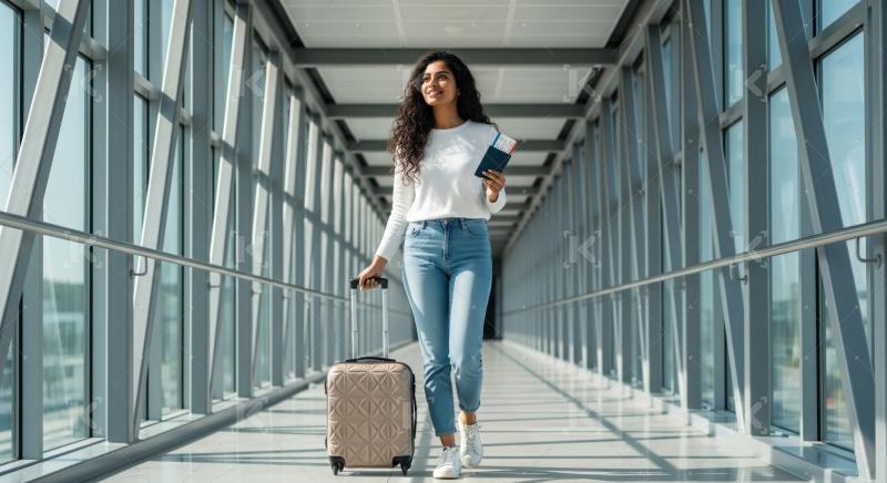 Confident traveler walks happily through a bright, modern airport terminal.