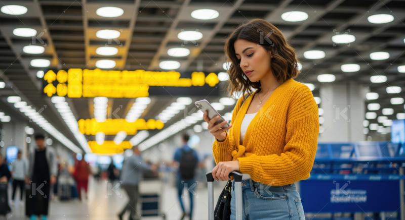 Woman checking phone, navigating airport terminal with luggage.