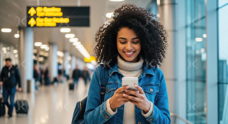 Happy woman messaging on smartphone while traveling through modern airport.