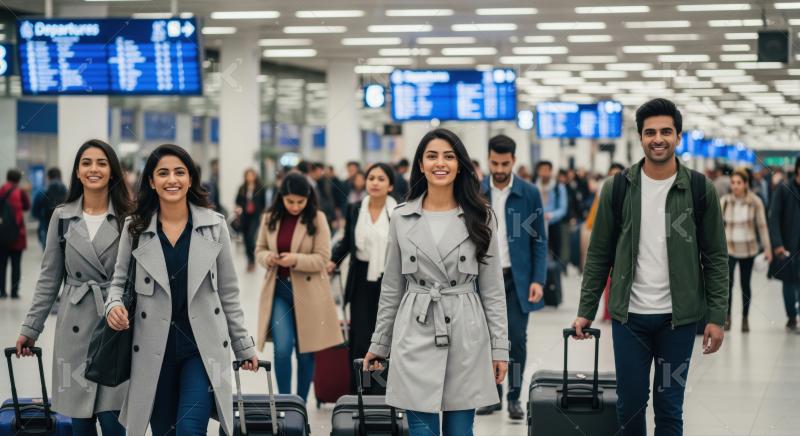 Happy diverse travelers navigate a modern, bustling airport terminal joyfully.