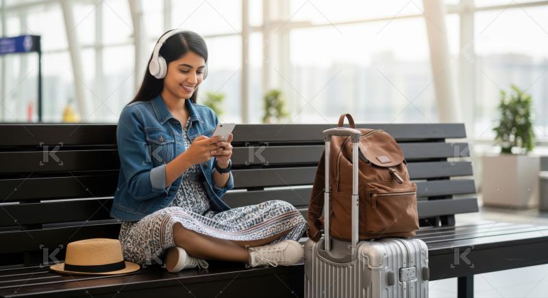 Young female traveler enjoys her phone at a modern airport.