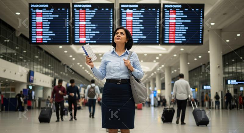 Focused woman reviews flight departure information in a bright airport.