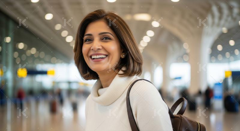 Smiling woman, happy and confident, traveling through a modern airport.